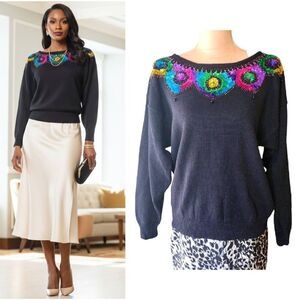 VTG 80s Celina Yang Beaded Sequin Sweater Black Ramie Cotton Knit Medium